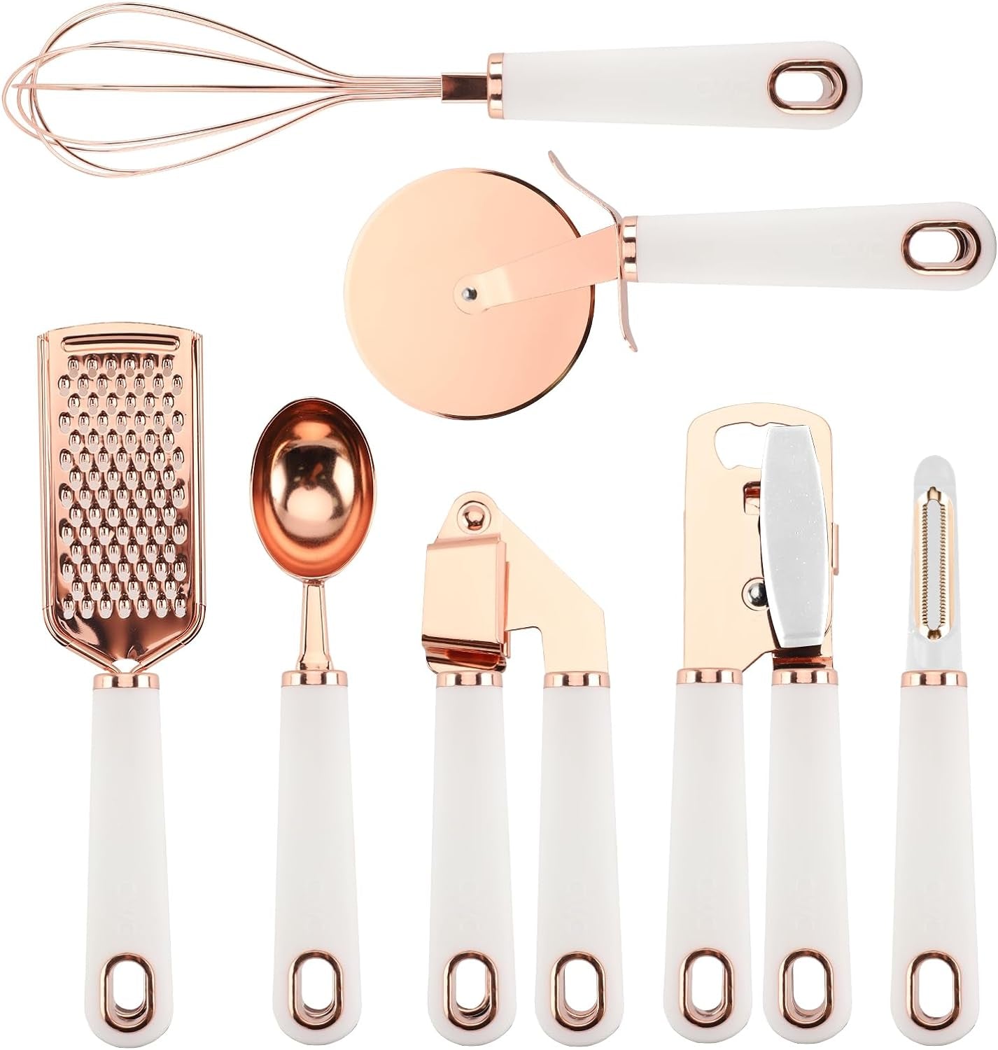 7 piece kitchen gadget set with copper coated stainless steel utensils and soft touch white handles.