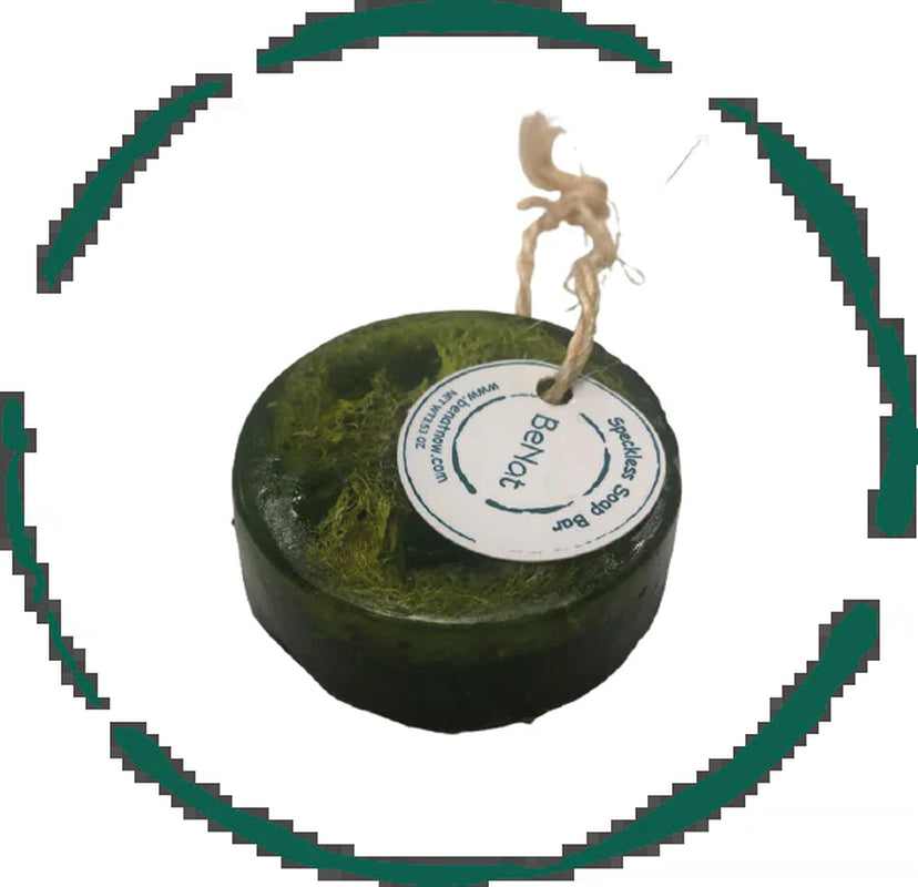 Speckless Soap Bar infused with chia, lemon, parsley, coconut oil, featuring natural loofah and hanging cord.