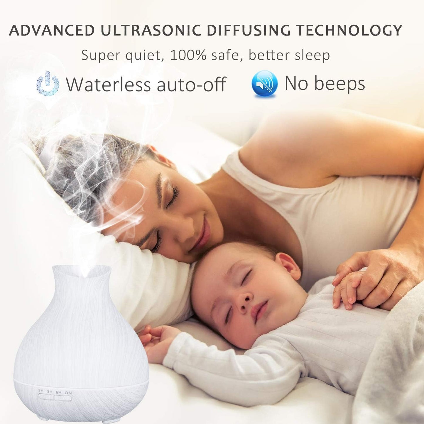 Aromatherapy Essential Oil Diffuser 550Ml 12 Hours White Wood Grain Aroma Diffuser with Timer for Large Room, Home, Baby Bedroom, Waterless Auto Shut-Off, 7 Colors Lights Changing