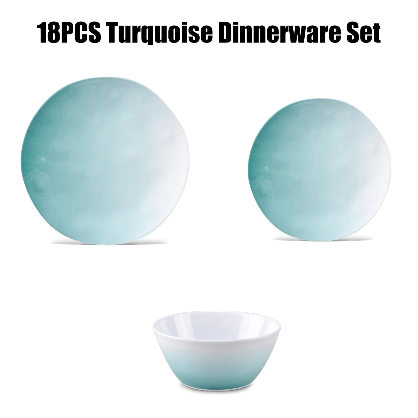 18-Piece Teal Turquoise Ombre Melamine Dinnerware Sets for 6,Outdoor Plates and Bowls Sets