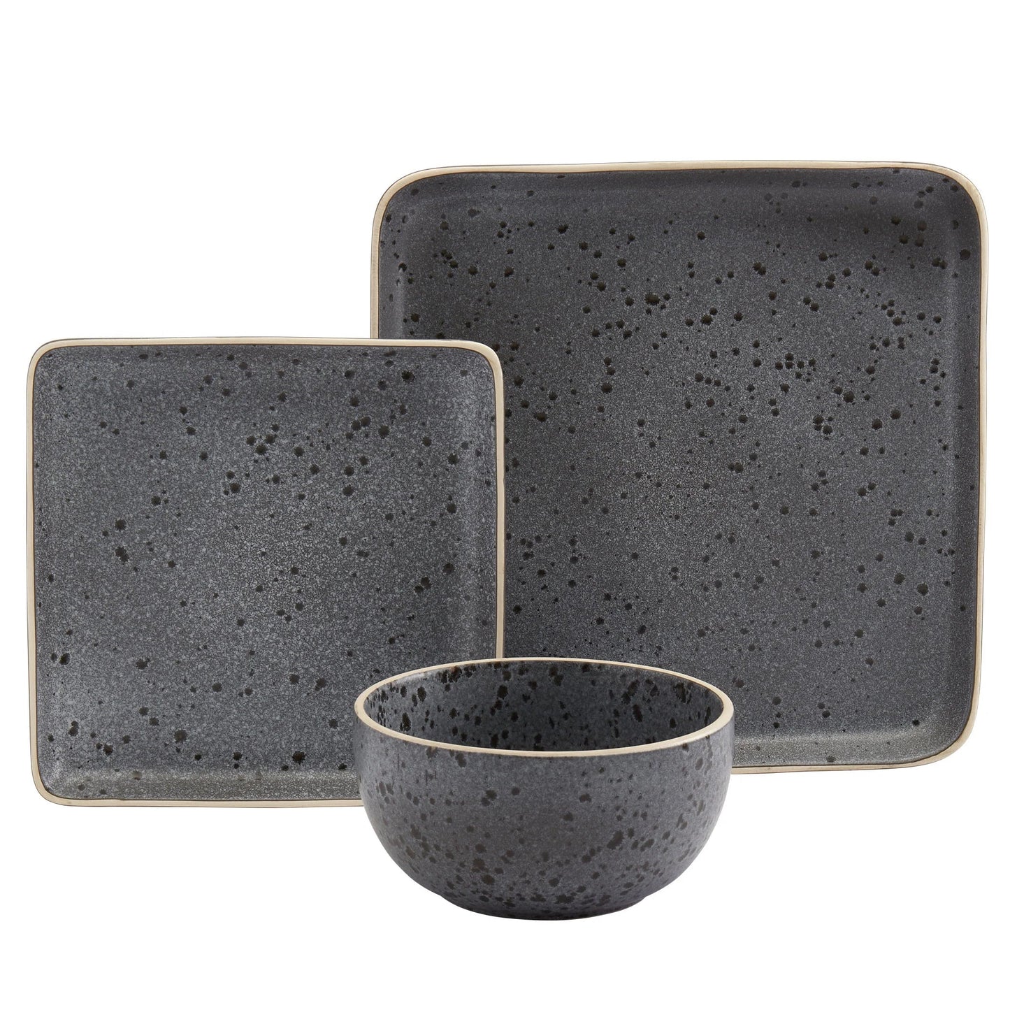 12 Piece Madison Dinnerware Set in Speckled Grey with Modern Square Design.
