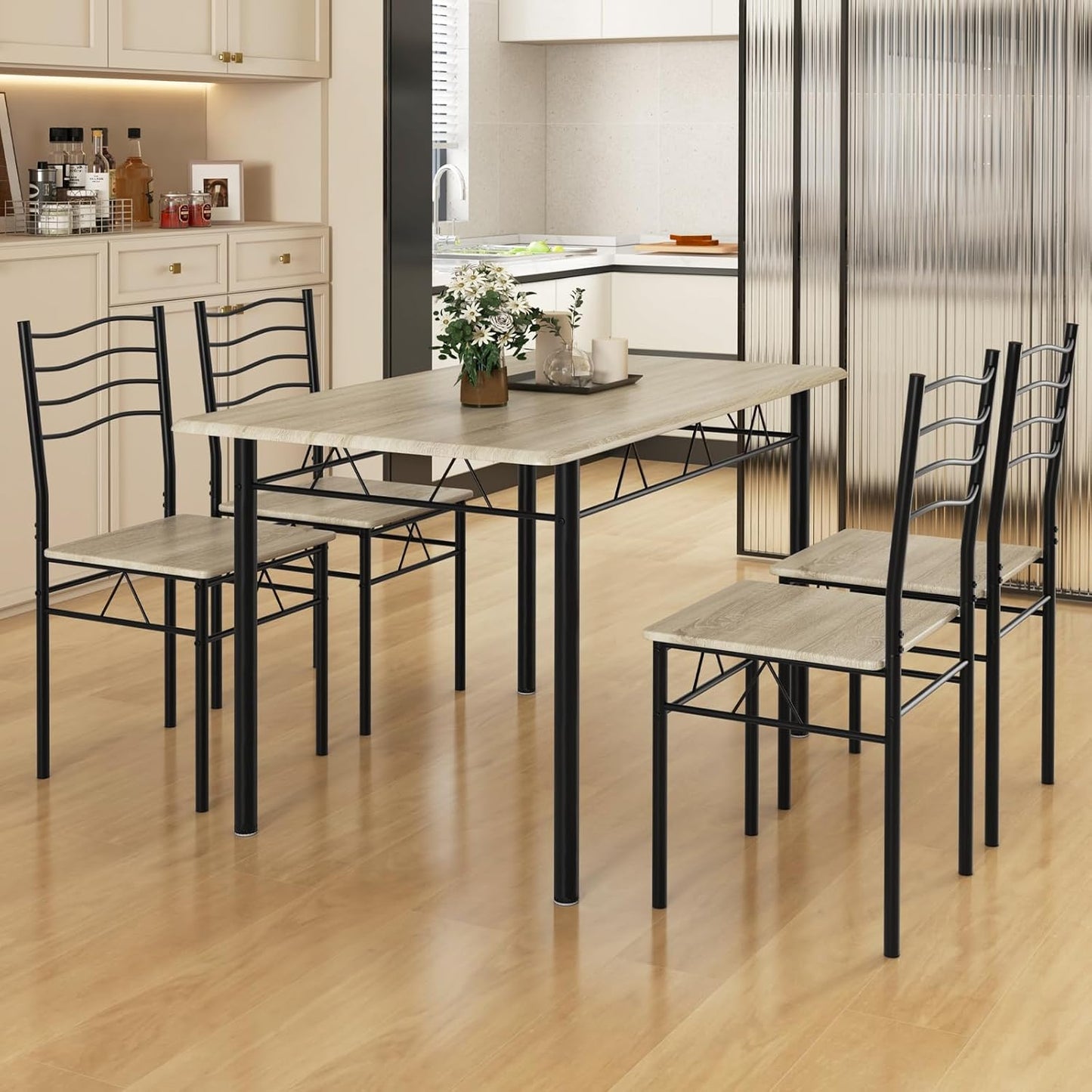 Dining Table Set for 4, 5-Piece Kitchen Table Chairs Set of 4, Breakfast Nook with Kitchen Table, 4 Dining Chairs, Metal Frame, Space-Saving Dinette Table Set for 4, Small Space, Apartment