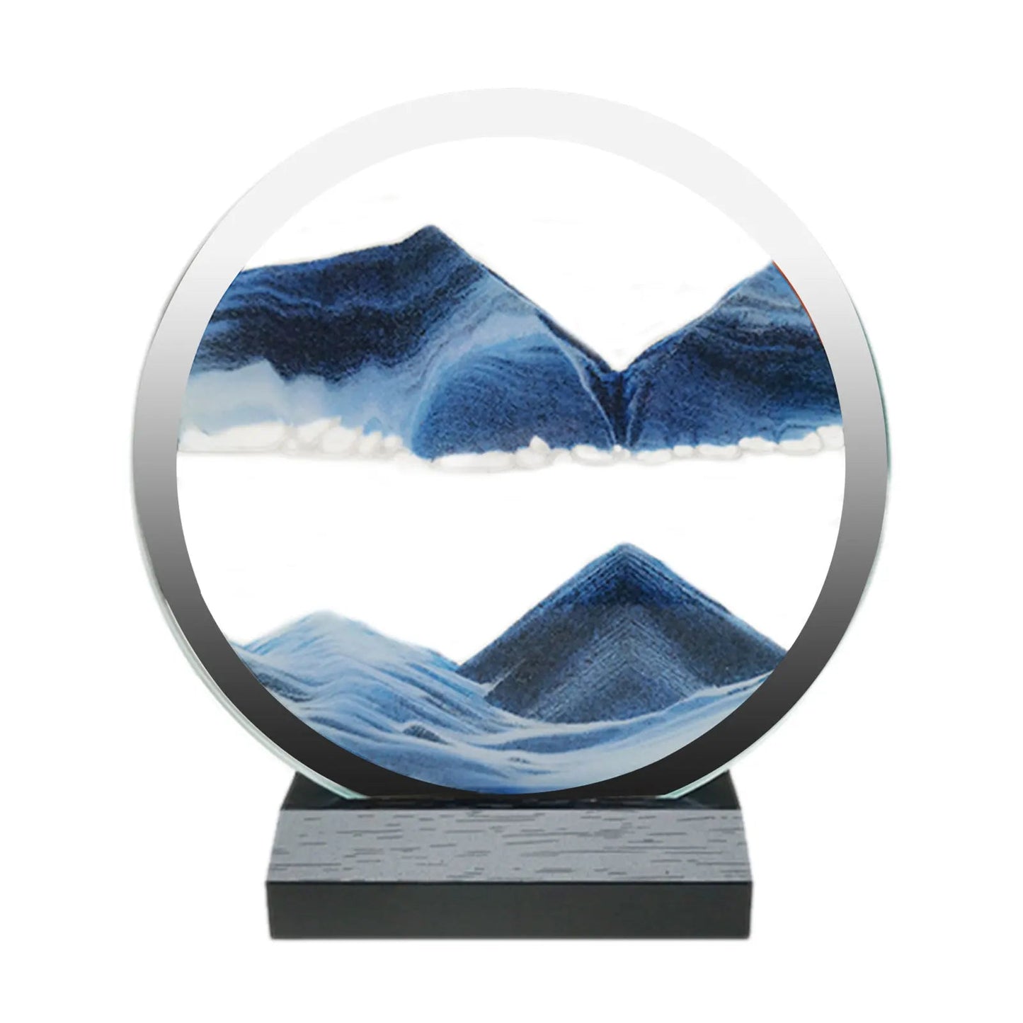 Moving sand painting with 3D dynamic quicksand in a round glass, featuring blue sand dunes on a wooden base.