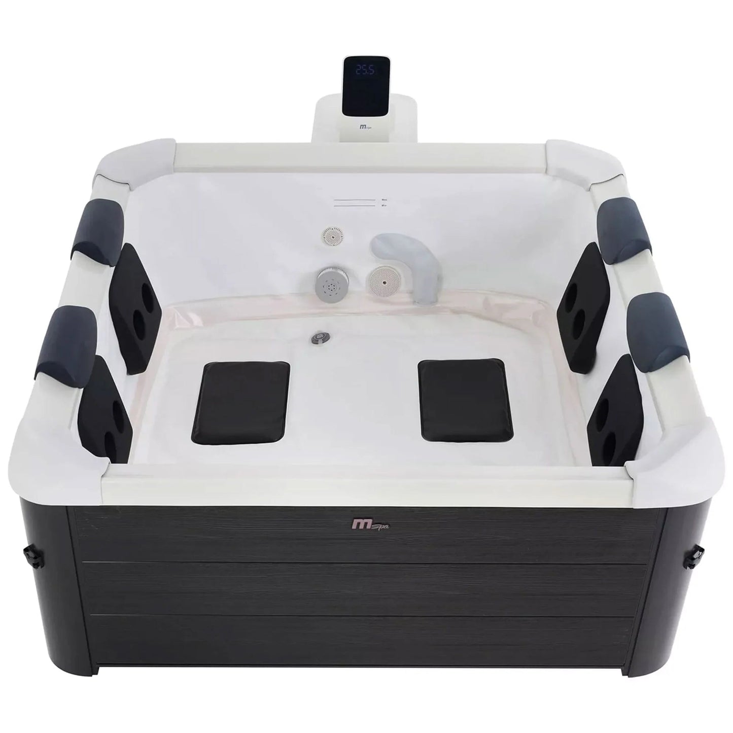 Square Bubble Spa with hard exterior and soft lined interior, 6-person capacity.