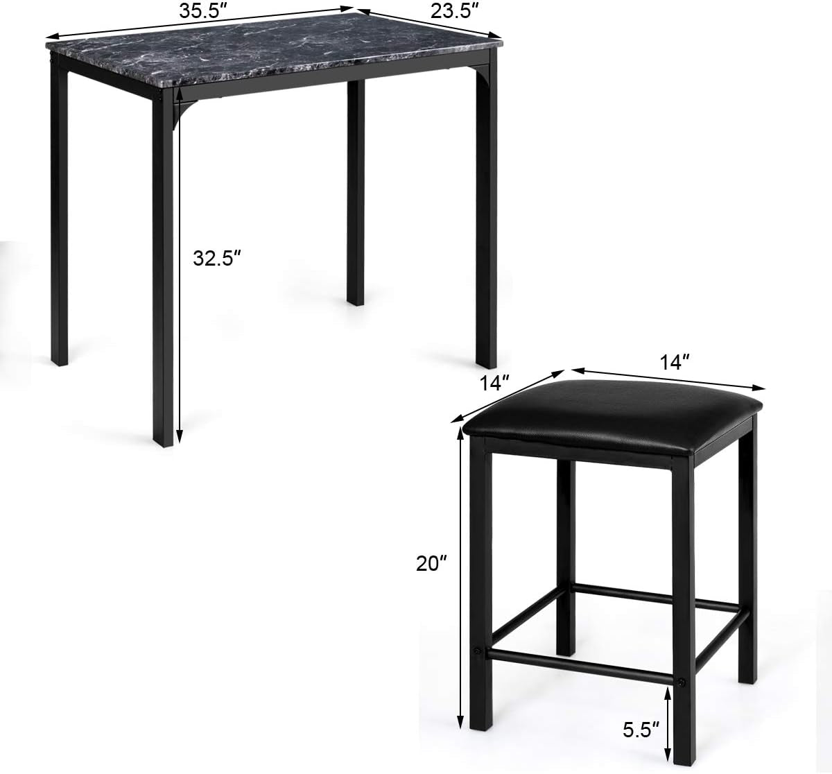3 Pcs Dining Table and Chairs Set with Faux Marble Tabletop 2 Chairs Contemporary Dining Table Set for Home or Hotel Dining Room, Kitchen or Bar (Black)
