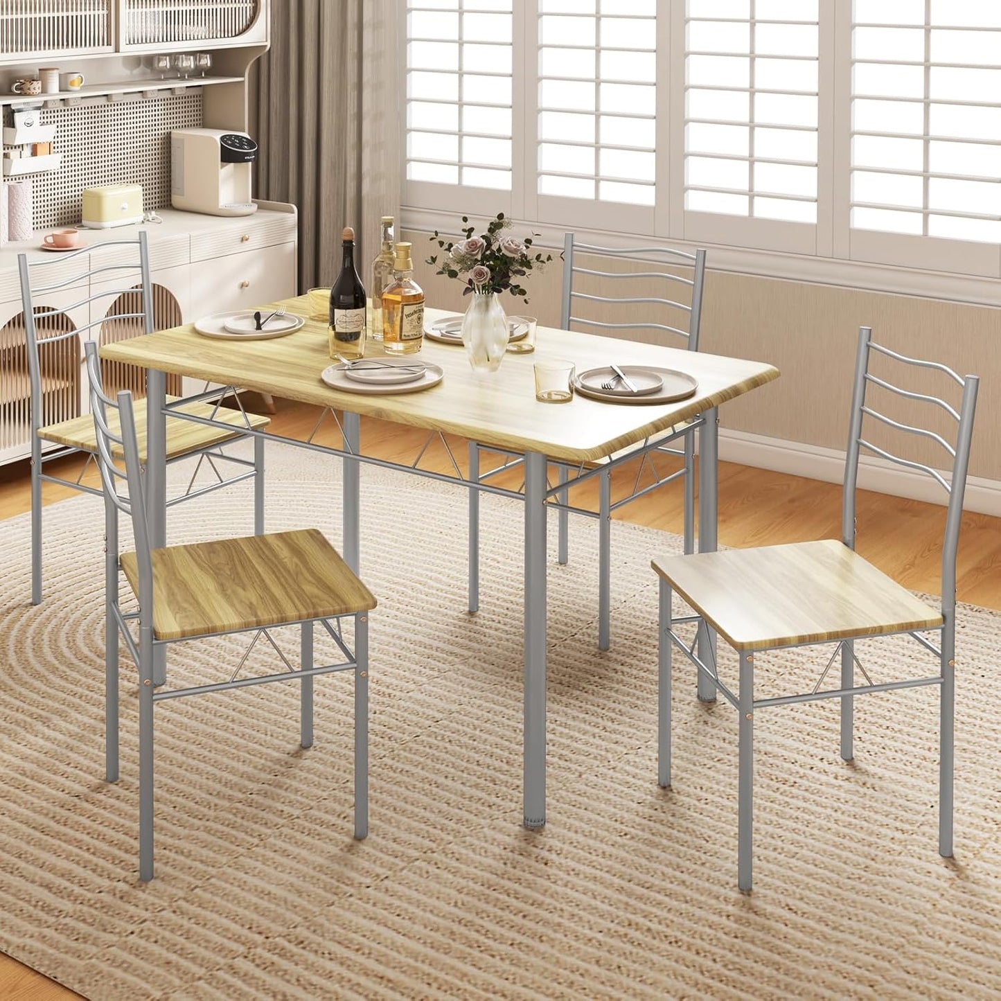 Dining Table Set for 4, 5-Piece Kitchen Table Chairs Set of 4, Breakfast Nook with Kitchen Table, 4 Dining Chairs, Metal Frame, Space-Saving Dinette Table Set for 4, Small Space (Natural)