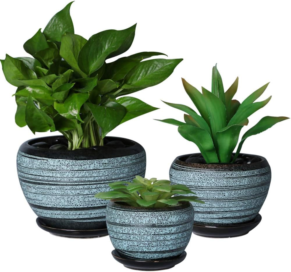 Set of 3 blue round ceramic flower pots with traditional dripping glaze and connected saucers for succulents and herbs, featuring various sizes.