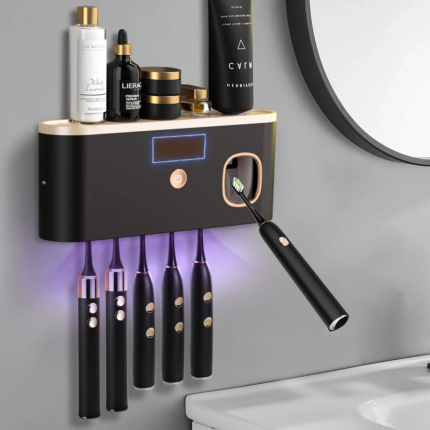 Wall Mounted UV Toothbrush Sanitizer with Toothpaste Dispenser in bathroom setting.