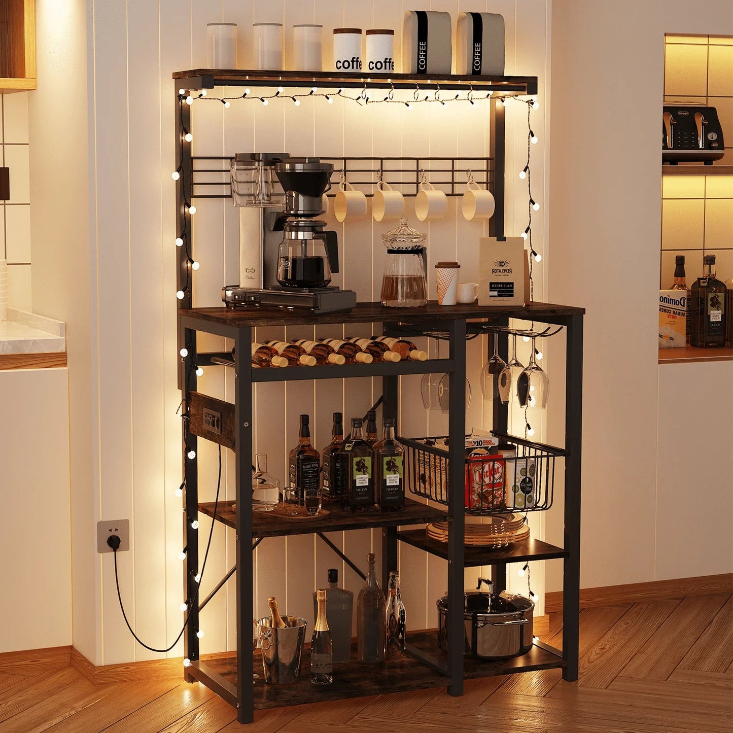 60" coffee bar appliance station with power outlets, vintage brown baker's rack with storage shelves and hooks.