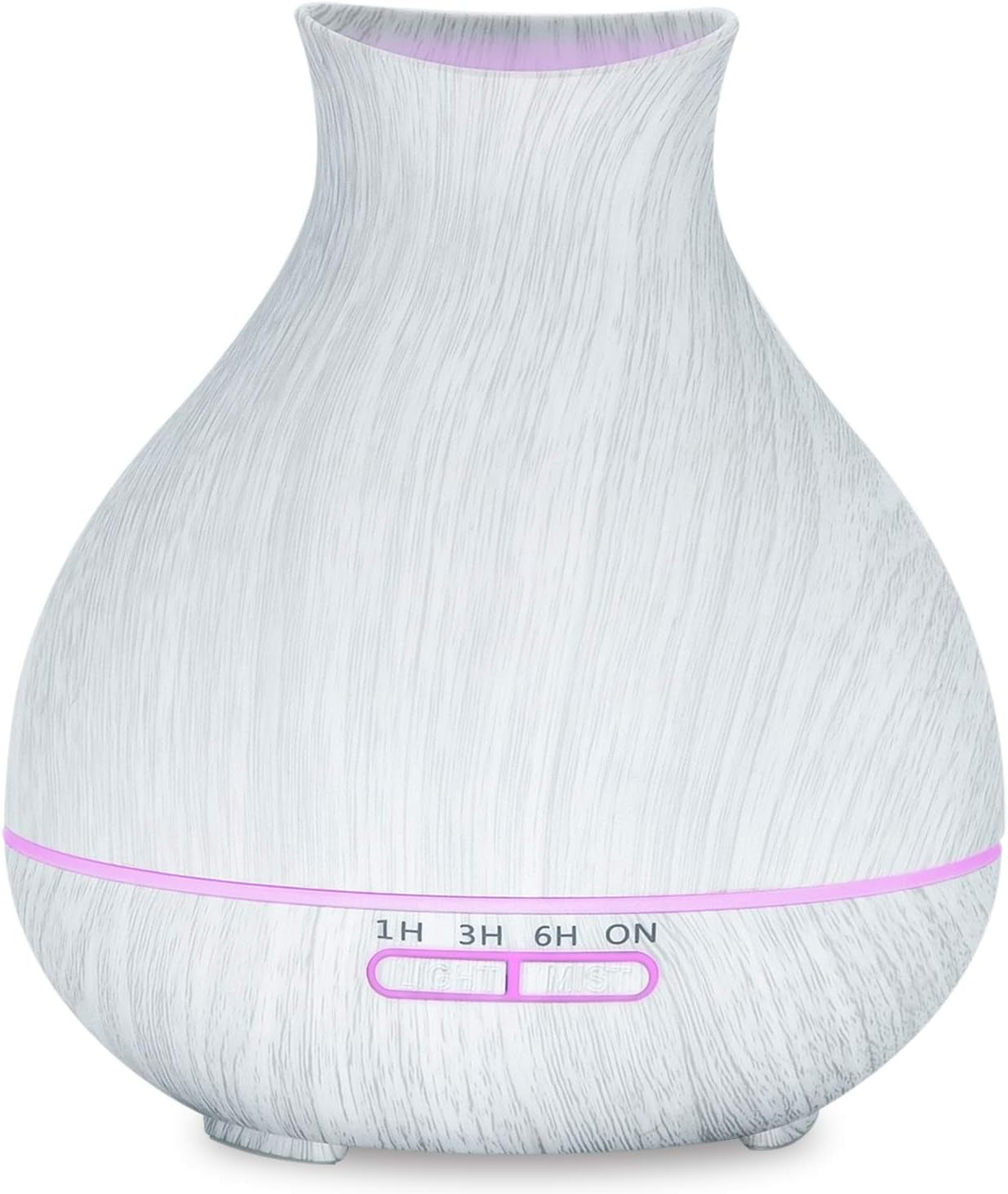 Aromatherapy essential oil diffuser with white wood grain finish and color-changing lights, 550ml capacity, runs up to 12 hours.