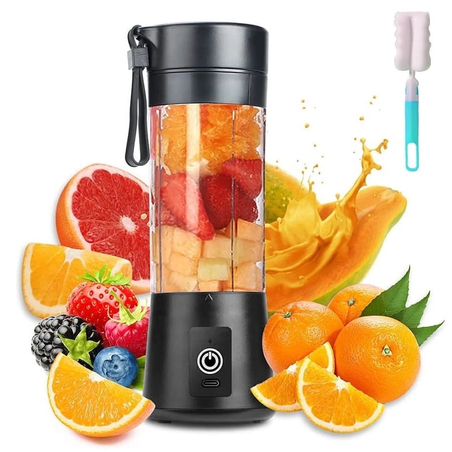 Battery powered blender in black with fruits and cleaning brush, ideal for smoothies and travel use.