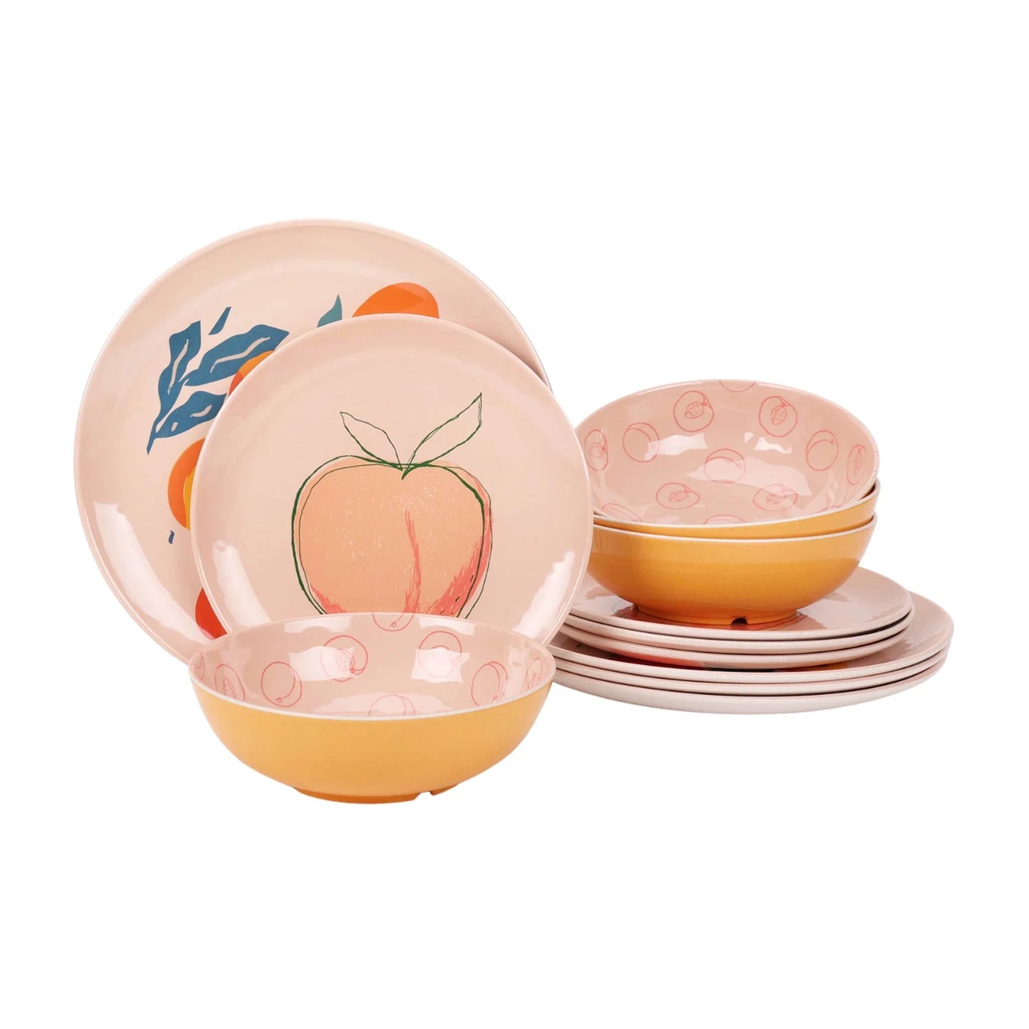 12-Piece Bamboo Melamine Dinnerware Set, Pink Peach