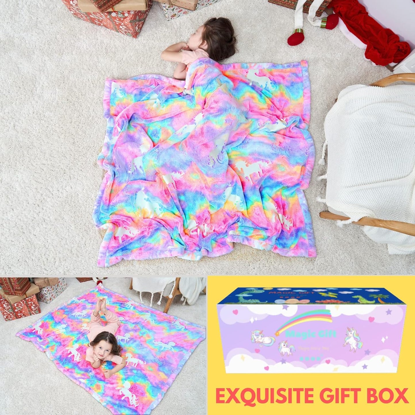 Rainbow Unicorn Glow in the Dark Blanket for Kids, Unicorn Blanket for Girls, Kids Blankets,Christmas Personalized Gifts for Kids, Girls Blankets and Throws, Soft Furry Fuzzy Plush Throw Blanket
