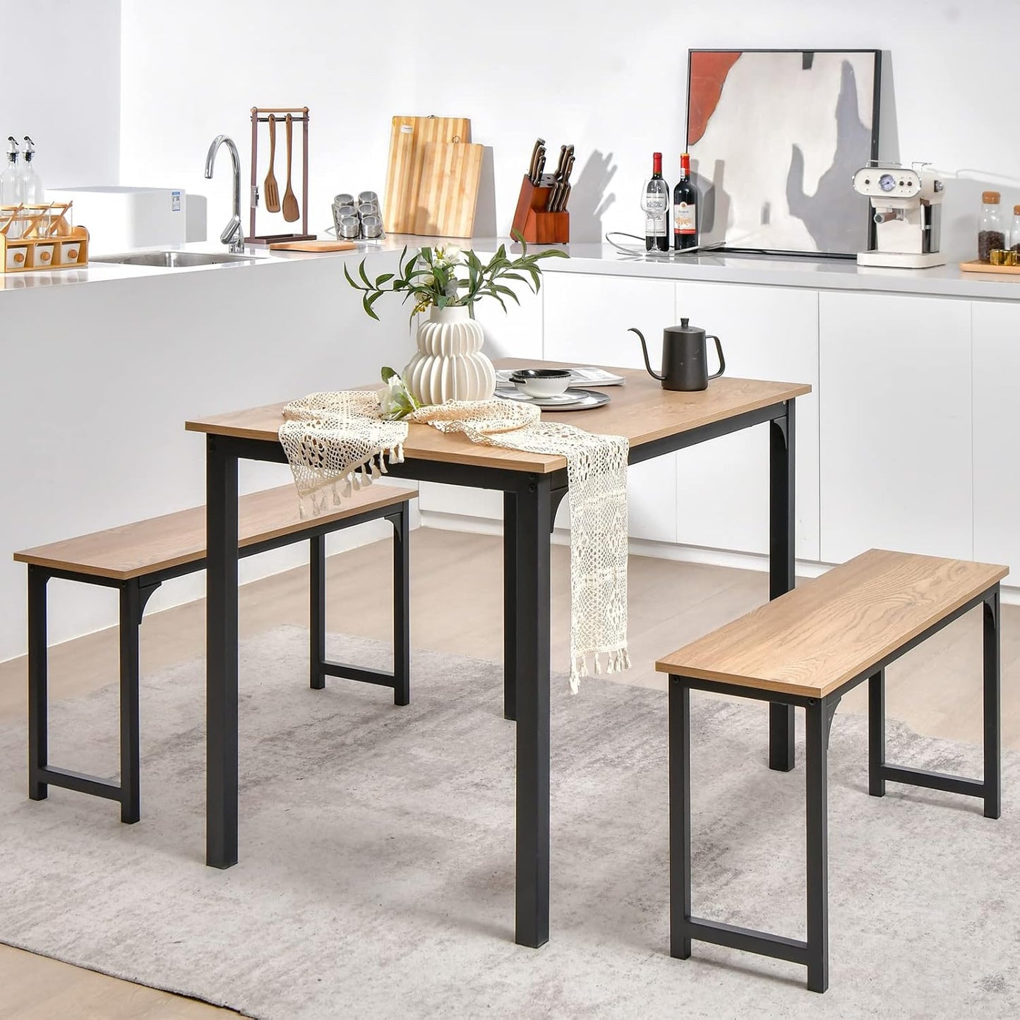 3 PCS Dining Table Set for 4, Rectangular Kitchen Table with 2 Benches, Industrial Counter Height Table Set with Anti-Slip Pads, Heavy Duty Steel Frame for Dining Room, Kitchen, Bar (Natural)