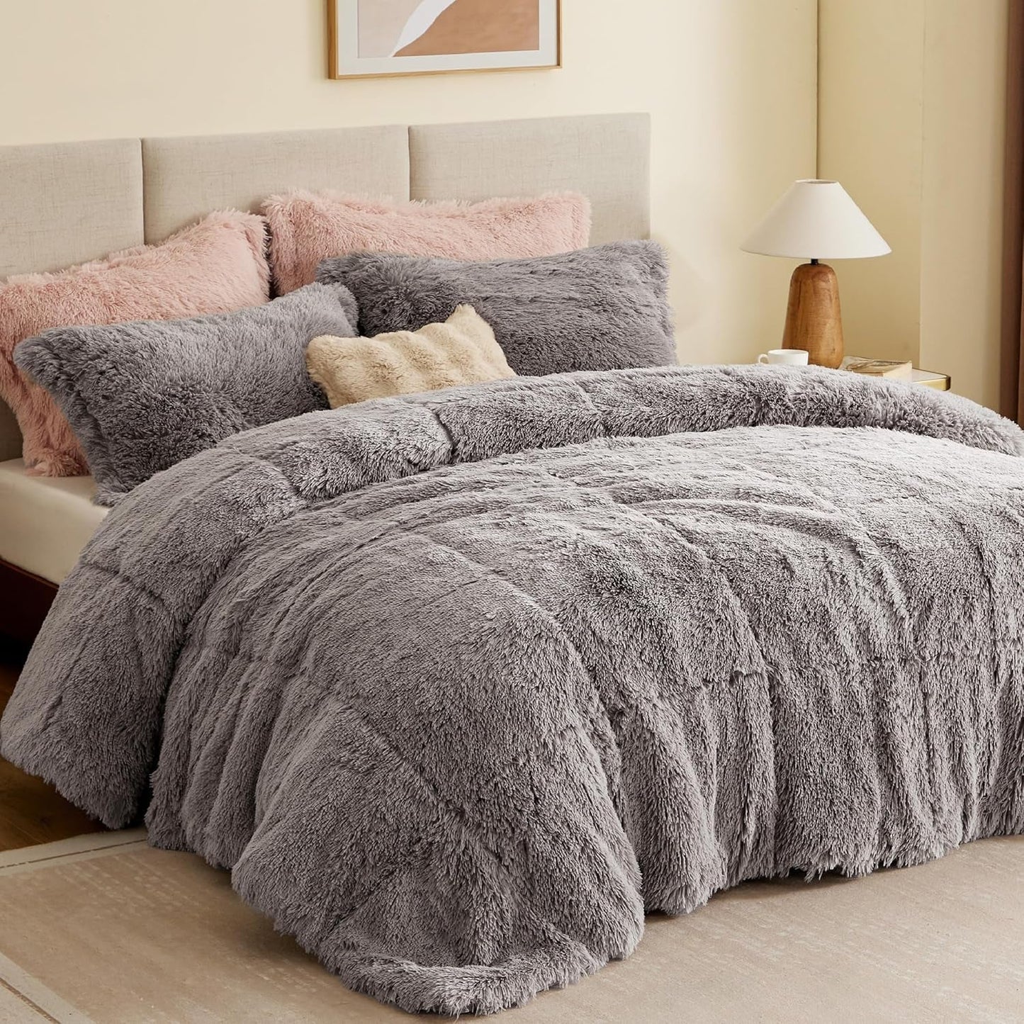 Malea Shaggy Comforter Set in Grey, Long Faux Fur Cozy Bedding, King/Cal King, Ultra Soft All Season, Modern Casual Design.