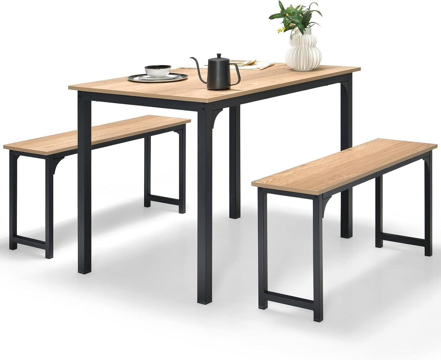 Industrial counter height table set with two benches, wood grain finish, heavy-duty steel frame, space-saving design.