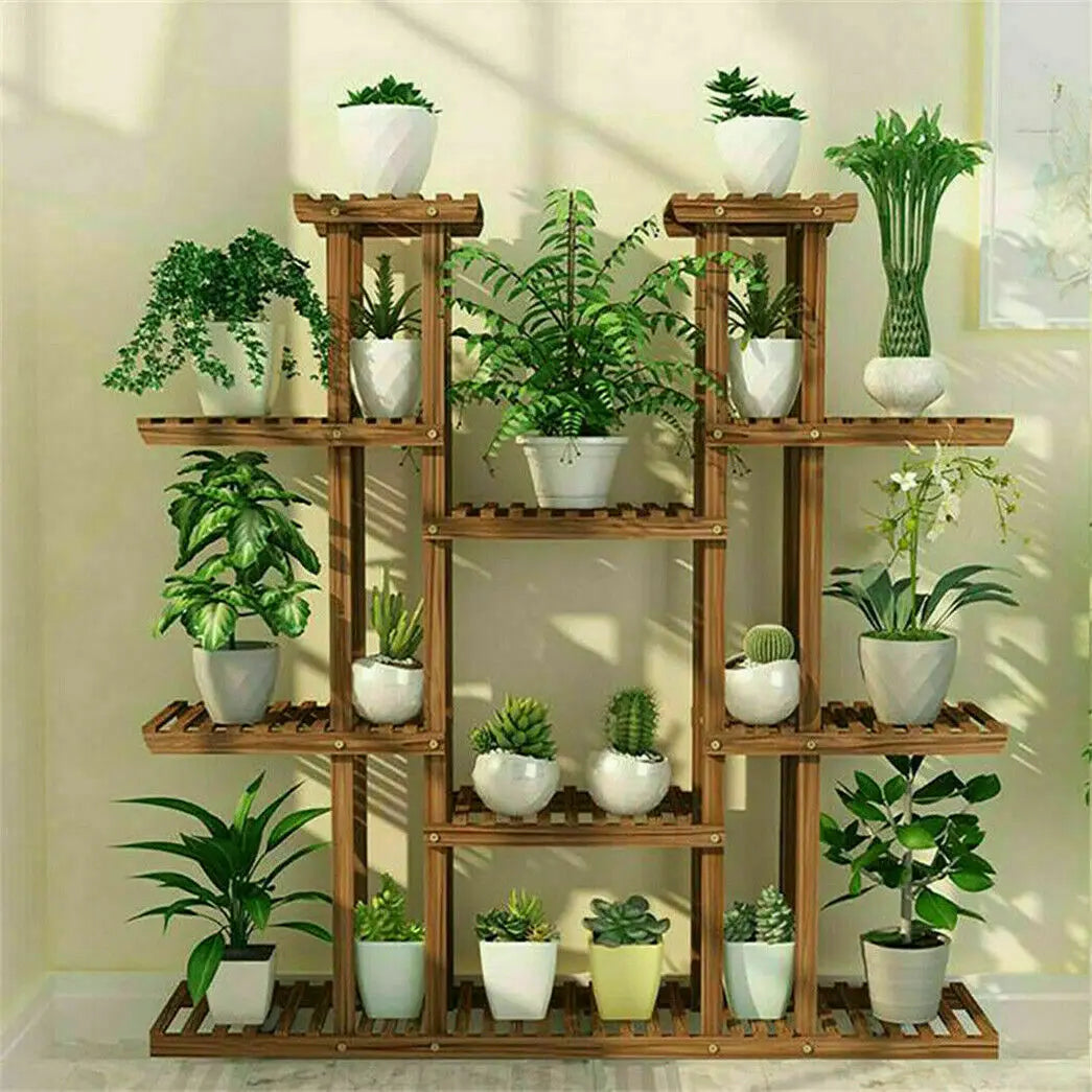 Multi-tier wood plant stand with multiple potted plants displayed, stained medium brown, 46-inch height.