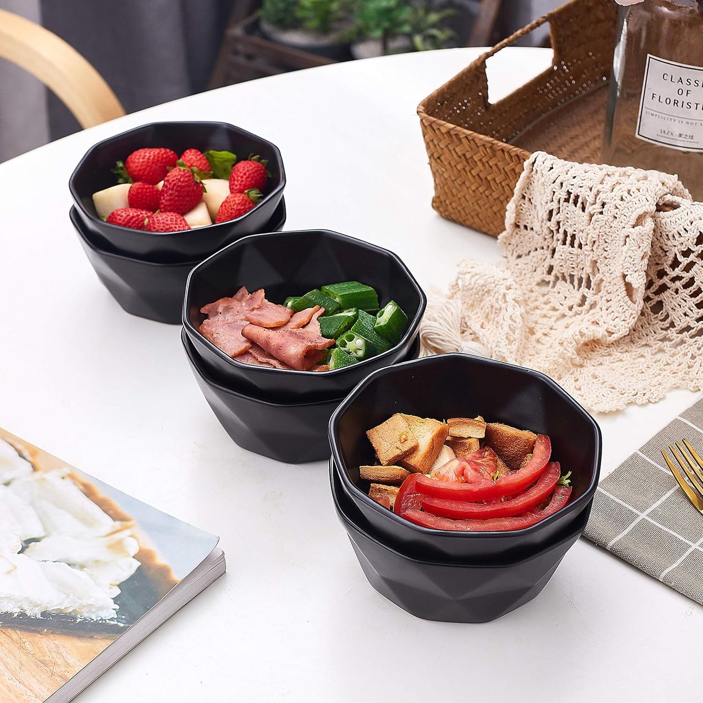Geometric Ceramic Bowls - Oven to Table Bakeware Bowls - Elegant 60 Oz Matte Serving Bowls for Soup, Cereal, Salads, Pasta, Dessert & Snack Bowls - Oven Safe Bake and Serve Bowls (Black)