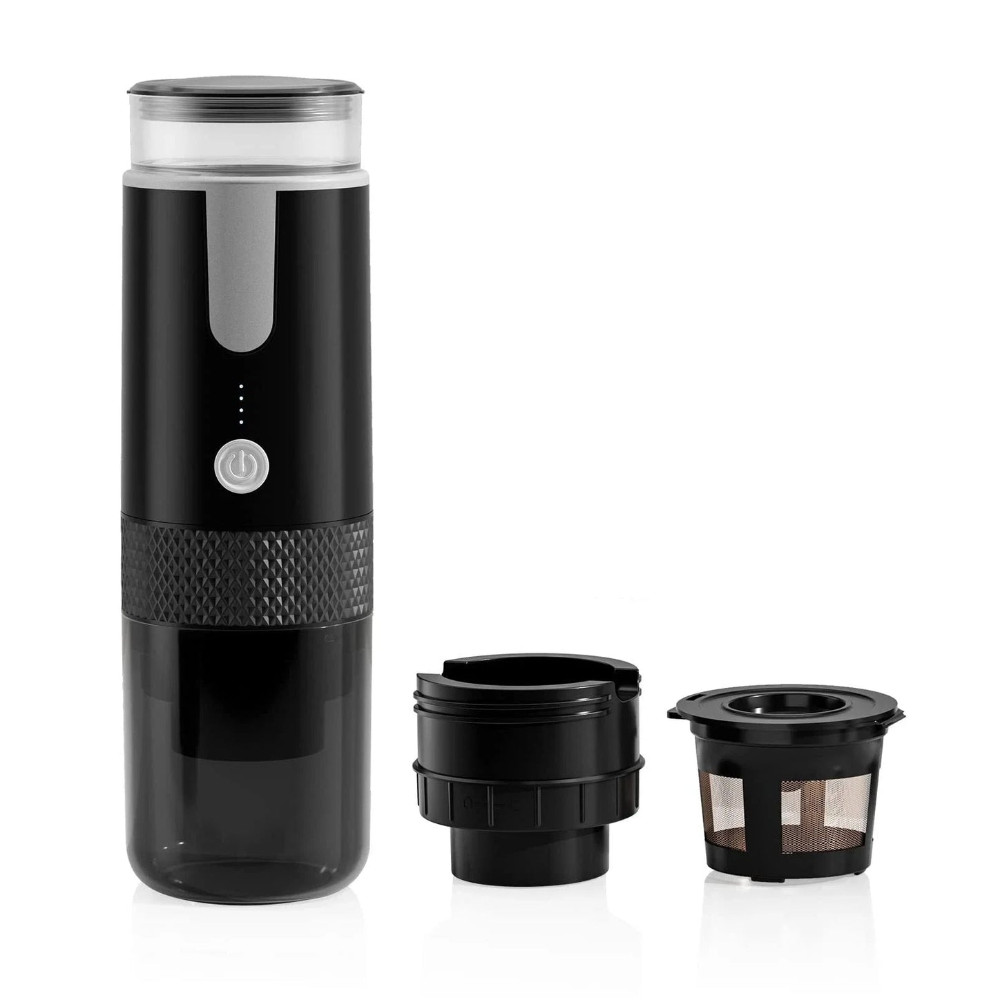 Portable electric coffee maker with capsule and ground coffee compatibility, featuring rechargeable design and easy operation.