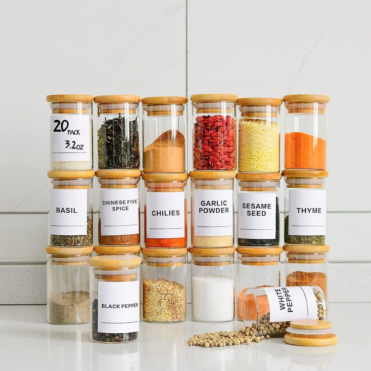 Glass Spice Jars Set of 20 with Bamboo Lids and Labels for Kitchen Organization
