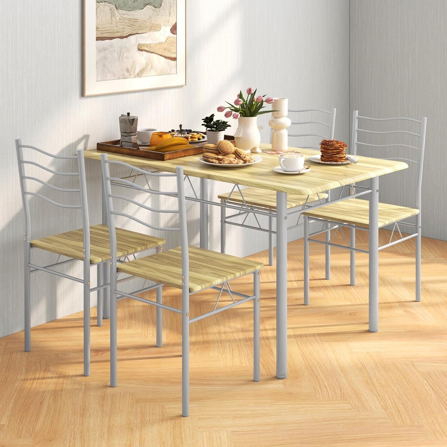Dining Table Set for 4, 5-Piece Kitchen Table Chairs Set of 4, Breakfast Nook with Kitchen Table, 4 Dining Chairs, Metal Frame, Space-Saving Dinette Table Set for 4, Small Space (Natural)