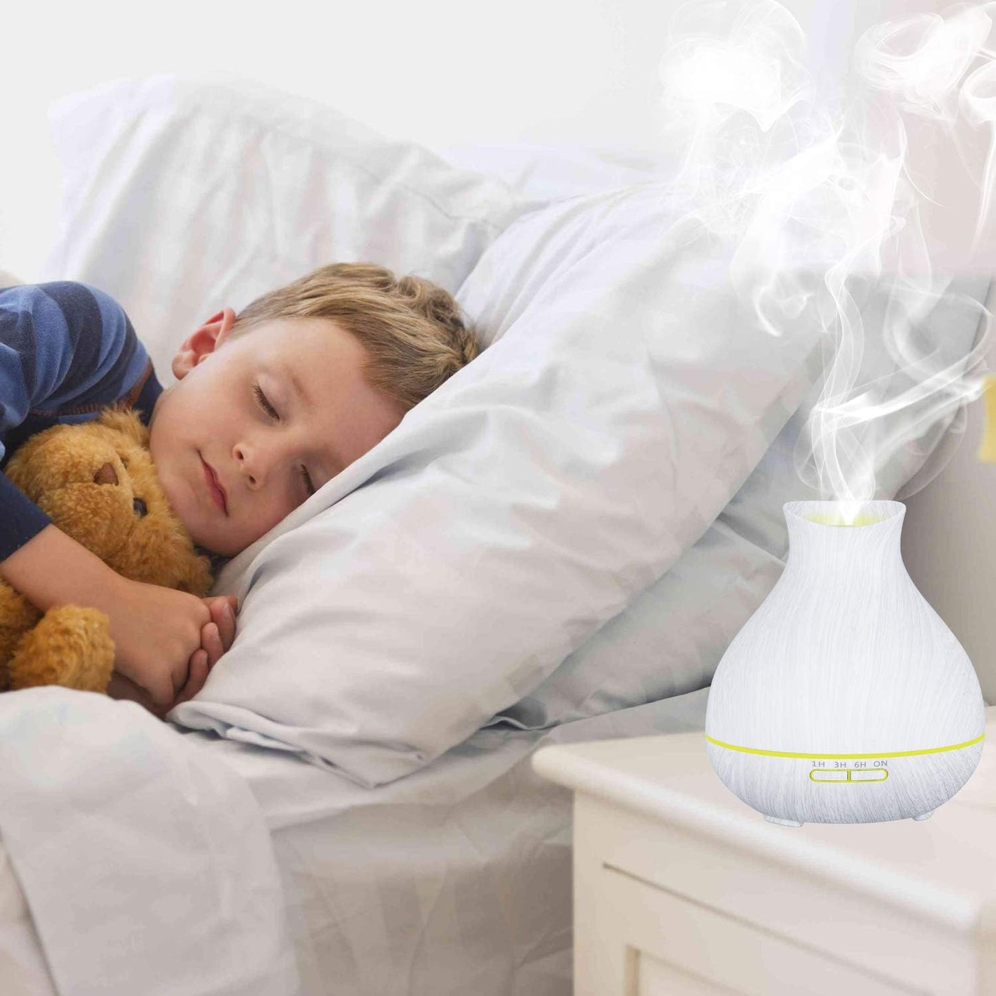 Aromatherapy Essential Oil Diffuser 550Ml 12 Hours White Wood Grain Aroma Diffuser with Timer for Large Room, Home, Baby Bedroom, Waterless Auto Shut-Off, 7 Colors Lights Changing