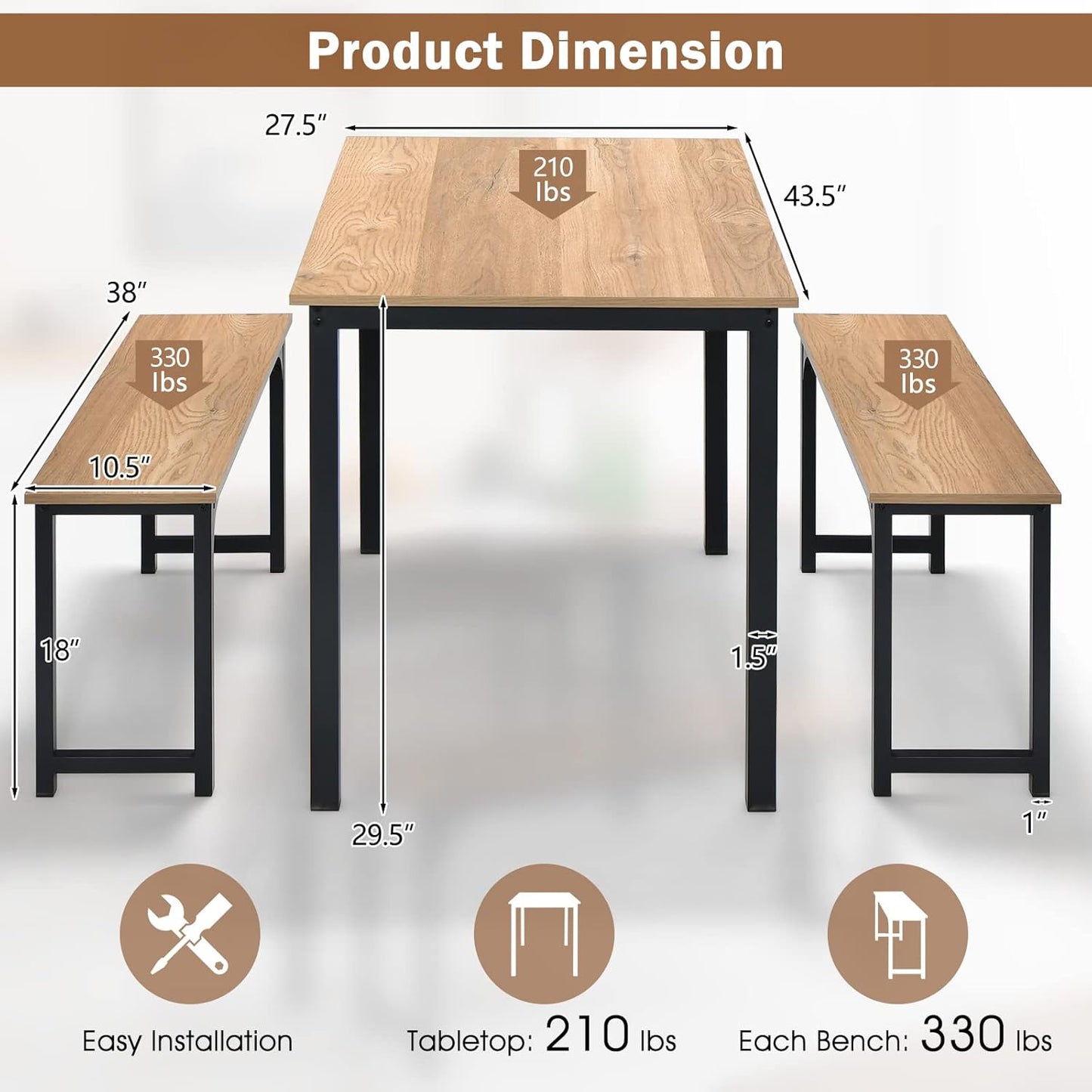 3 PCS Dining Table Set for 4, Rectangular Kitchen Table with 2 Benches, Industrial Counter Height Table Set with Anti-Slip Pads, Heavy Duty Steel Frame for Dining Room, Kitchen, Bar (Natural)
