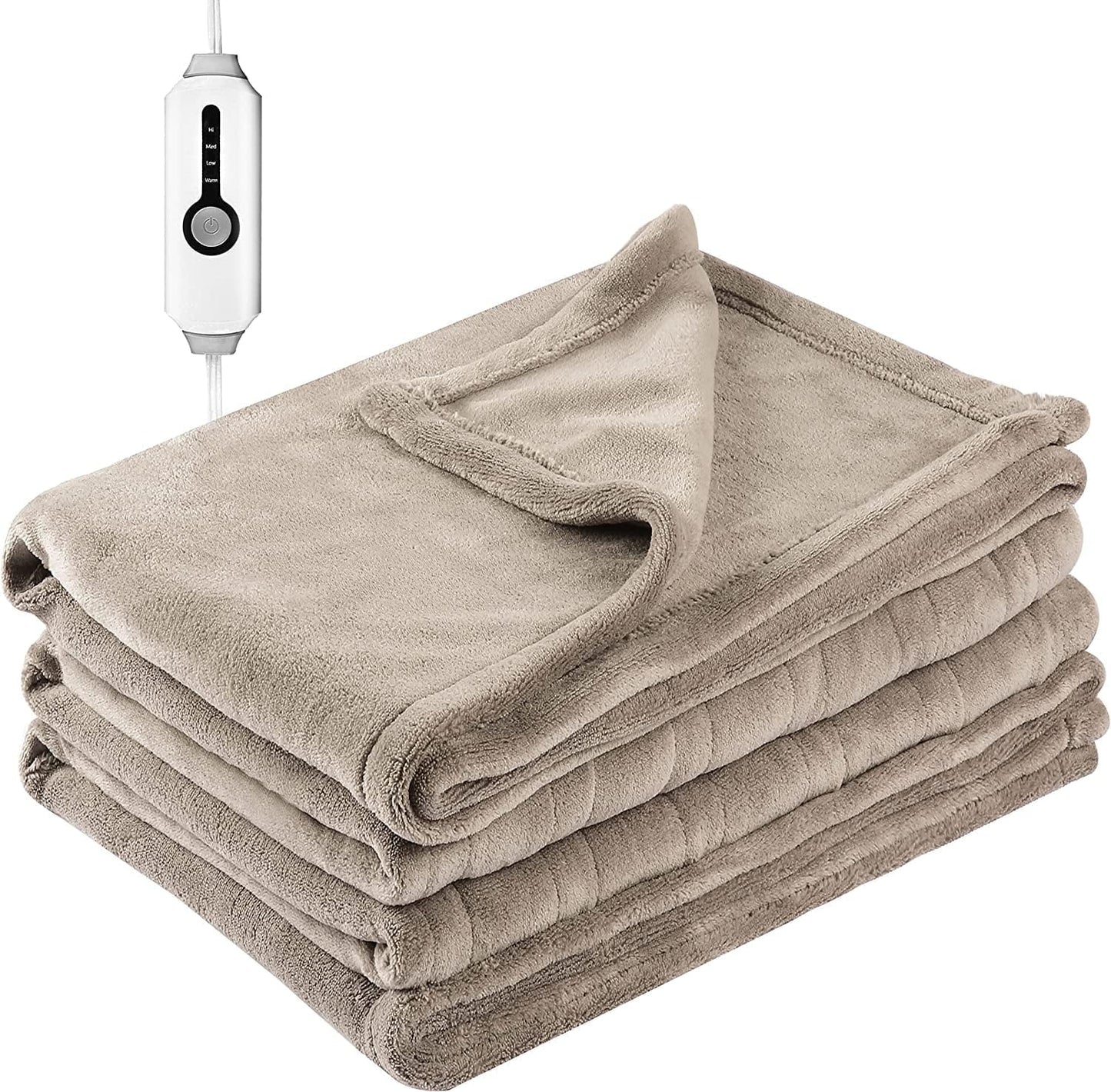 Electric Heated Blanket Coral Fleece 62" X 84" Twin Size in beige with 4 heating settings and auto off.