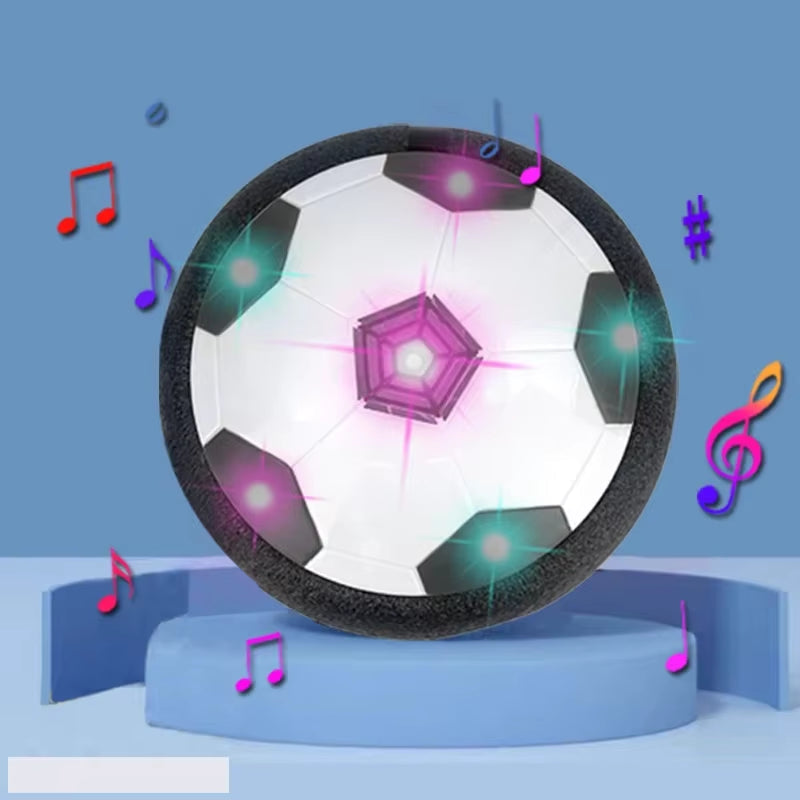 Indoor outdoor hover soccer ball toy with LED lights and music for kids.