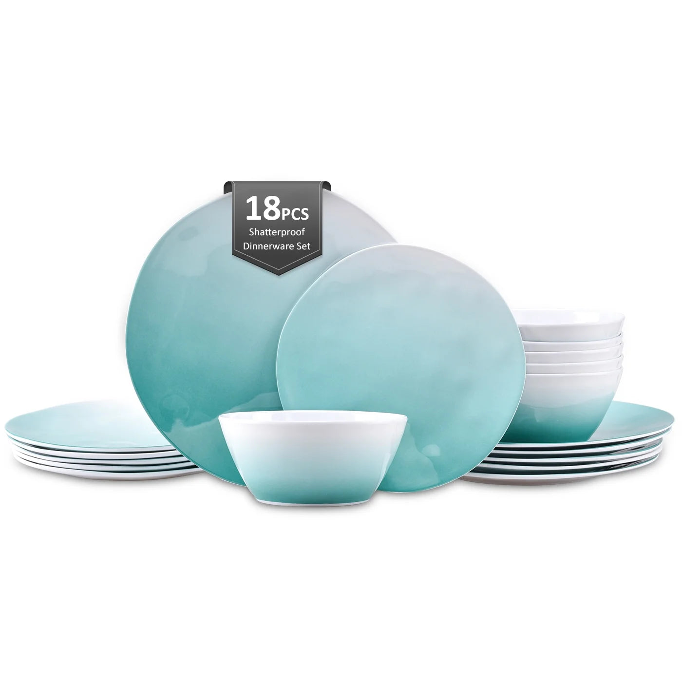 18-piece teal turquoise ombre melamine dinnerware set, includes plates and bowls, perfect for indoor and outdoor use.
