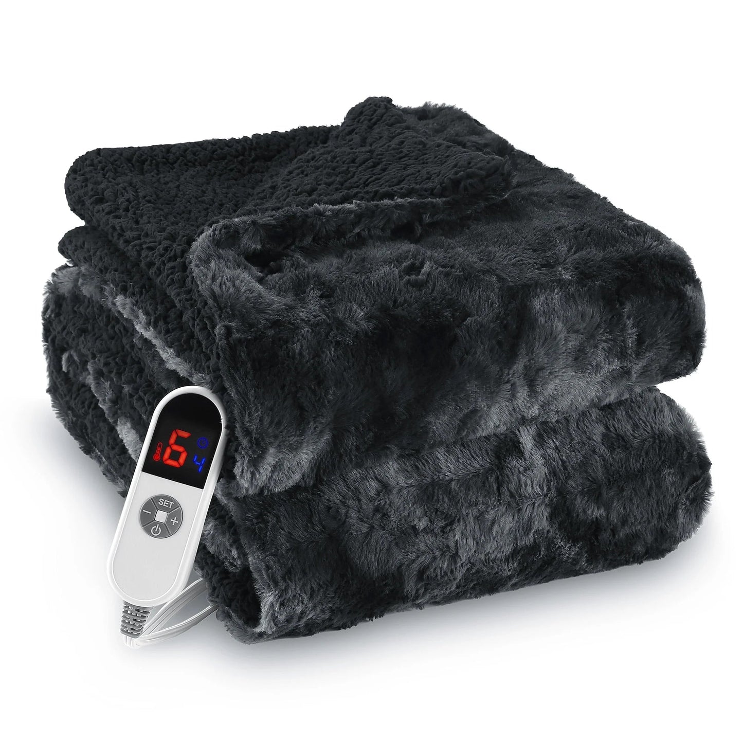 Soft faux fur heated throw blanket with LED display, features 6 heat settings and 4-hour auto-off timer in black tie-dye design.