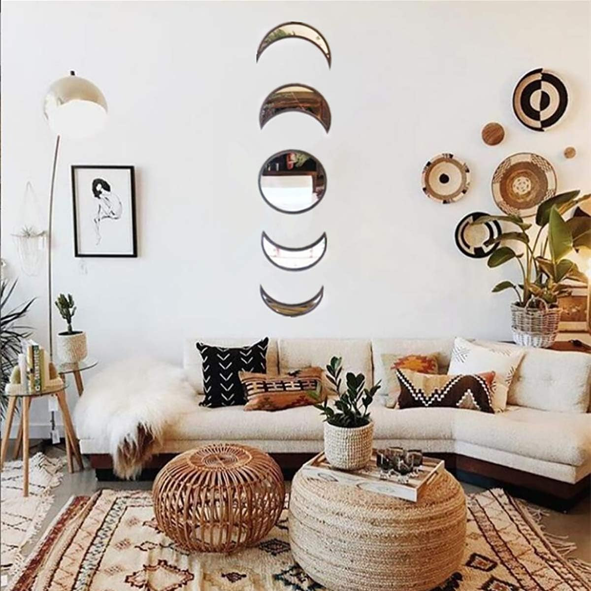 Scandinavian Natural Decor Acrylic Moon Phase Mirrors Decorative Interior Design Wooden Moon Phase Mirror Bohemia Wall Ornament Bedroom Living Room Decoration Self-Adhesive-Black-5Set