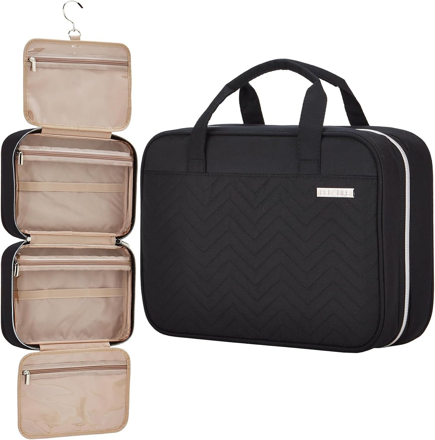 Large black hanging travel toiletry bag with multiple compartments and hook.