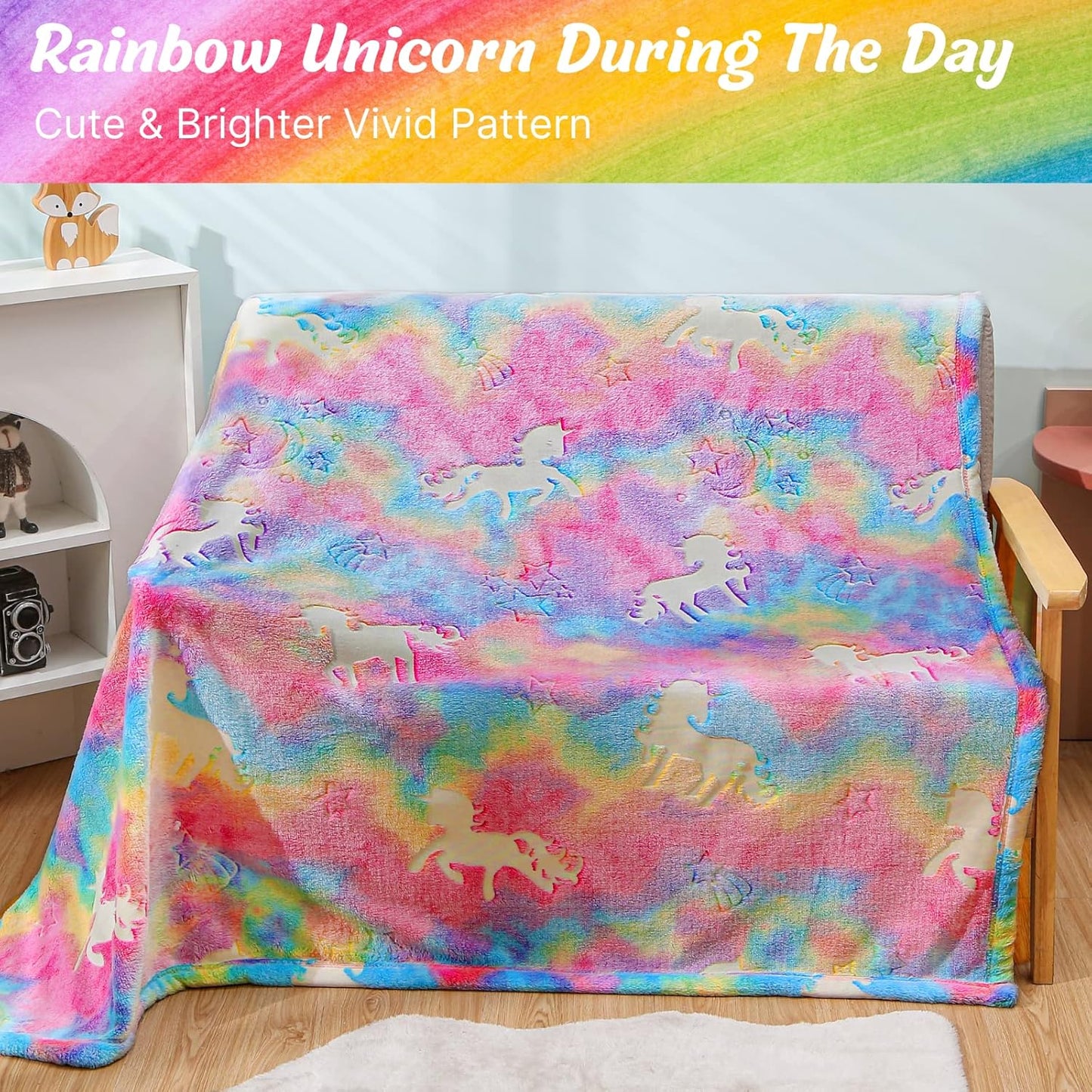 Rainbow Unicorn Glow in the Dark Blanket for Kids, Unicorn Blanket for Girls, Kids Blankets,Christmas Personalized Gifts for Kids, Girls Blankets and Throws, Soft Furry Fuzzy Plush Throw Blanket