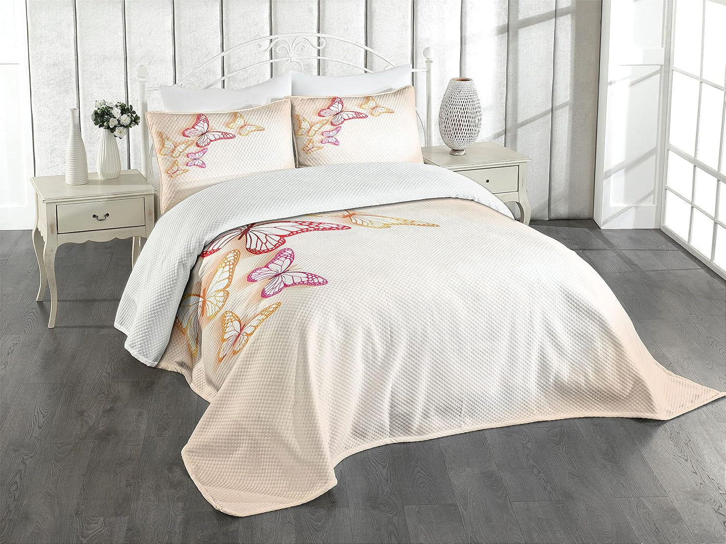 Colorful butterfly bedspread set with nature-themed art, king size, includes decorative coverlet and pillow shams in yellow, red, and beige.