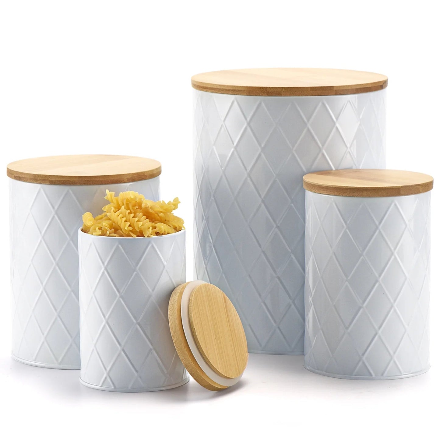 White kitchen canisters set with wooden lids, airtight for sugar, flour, coffee, and cookies, 4 pack.