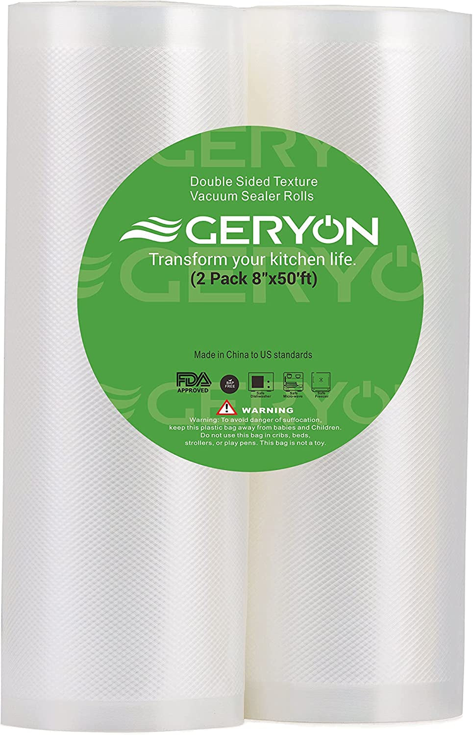 8" x 50' vacuum sealer rolls, 2 pack, heavy-duty BPA-free bags for food preservation.