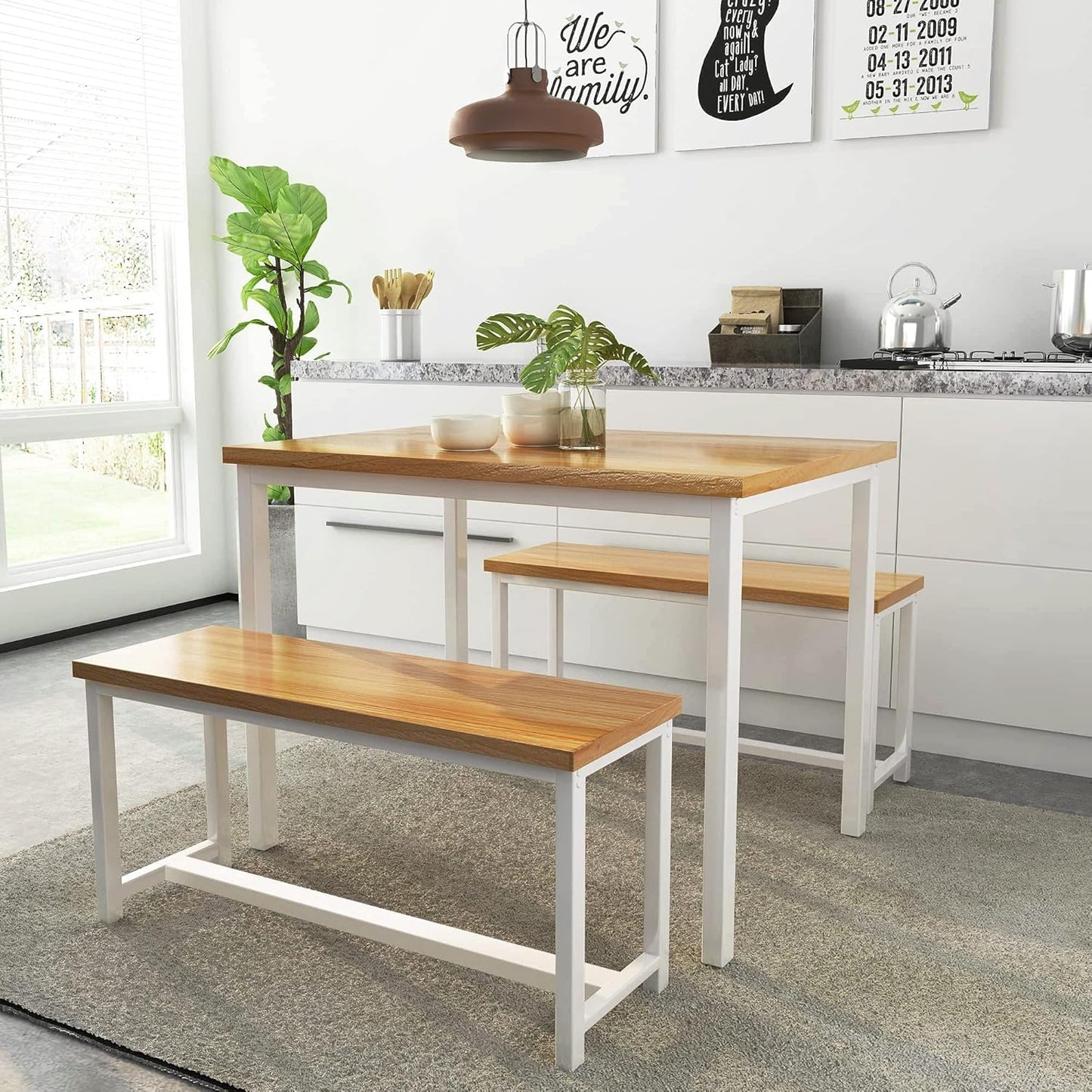 Dining Room Table Set, Kitchen Table Set with 2 Benches, Ideal for Home, Kitchen and Dining Room, Breakfast Table of 47.2X28.7X28.7 Inches, Benches of 41.3X11.8X17.7 Inches, Beige