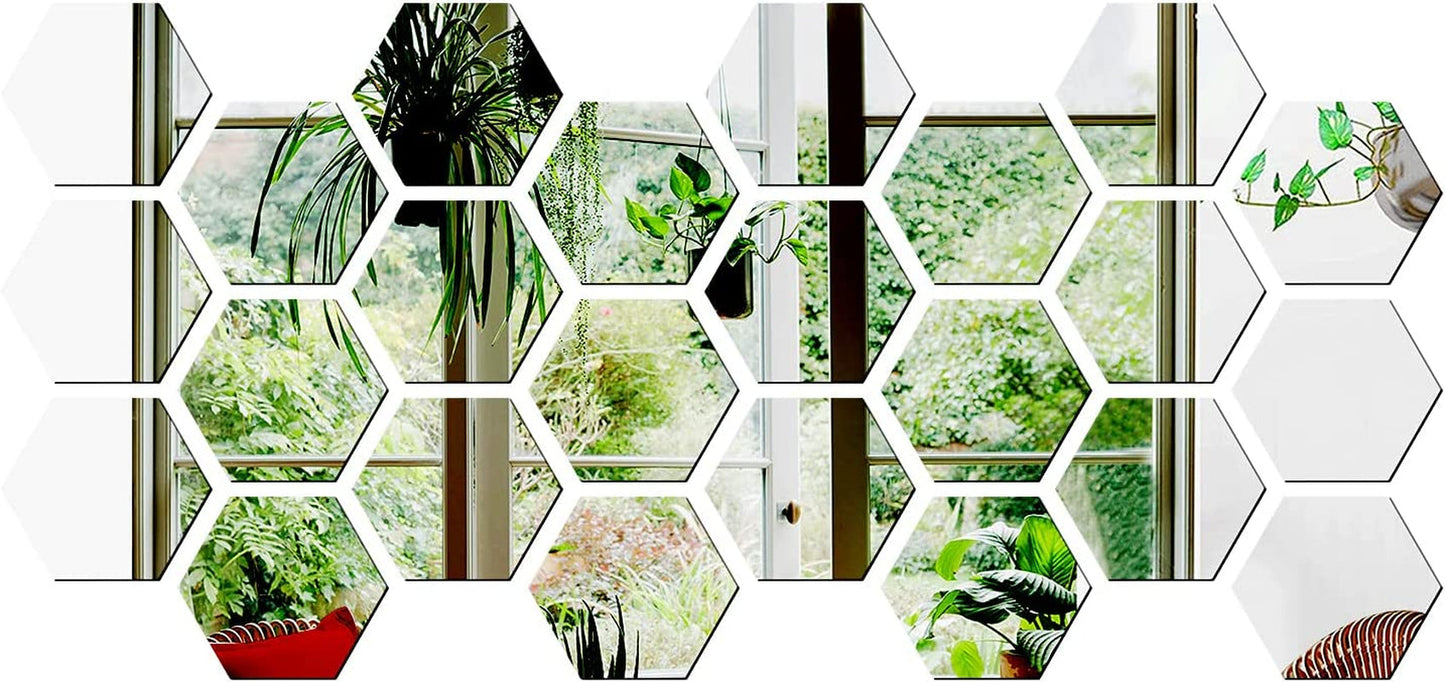 Hexagon mirror wall stickers in silver, 24 pieces, reflective acrylic tiles for home decor.