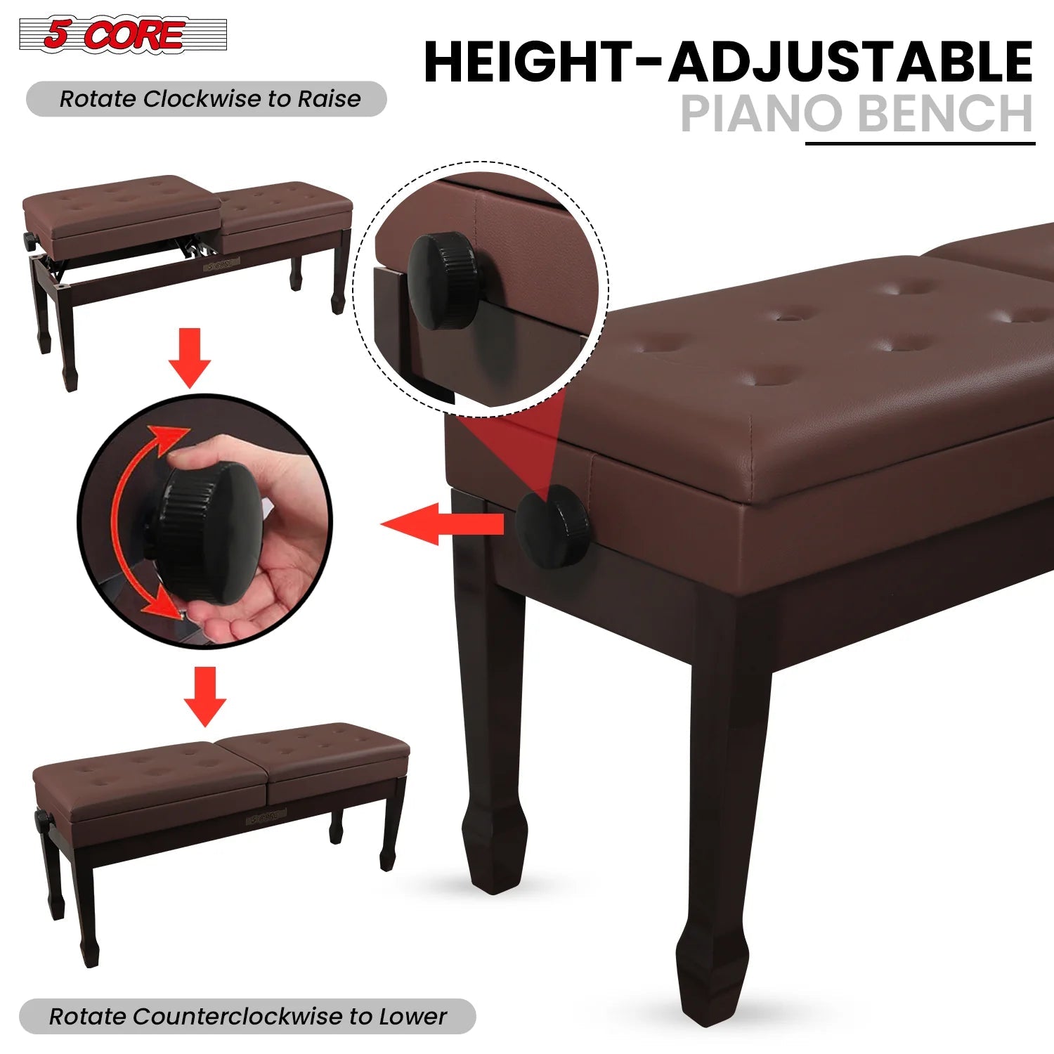 Wooden Adjustable Duet Piano Bench with Storage for Two