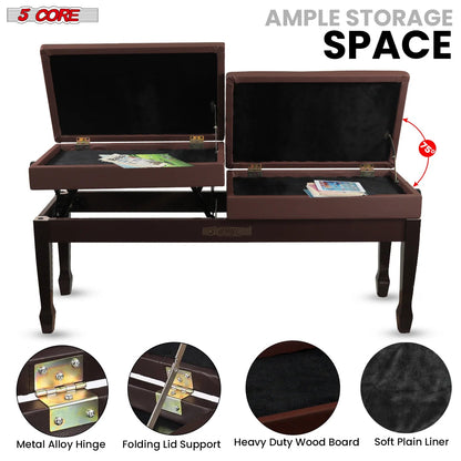 Wooden Adjustable Duet Piano Bench with Storage for Two
