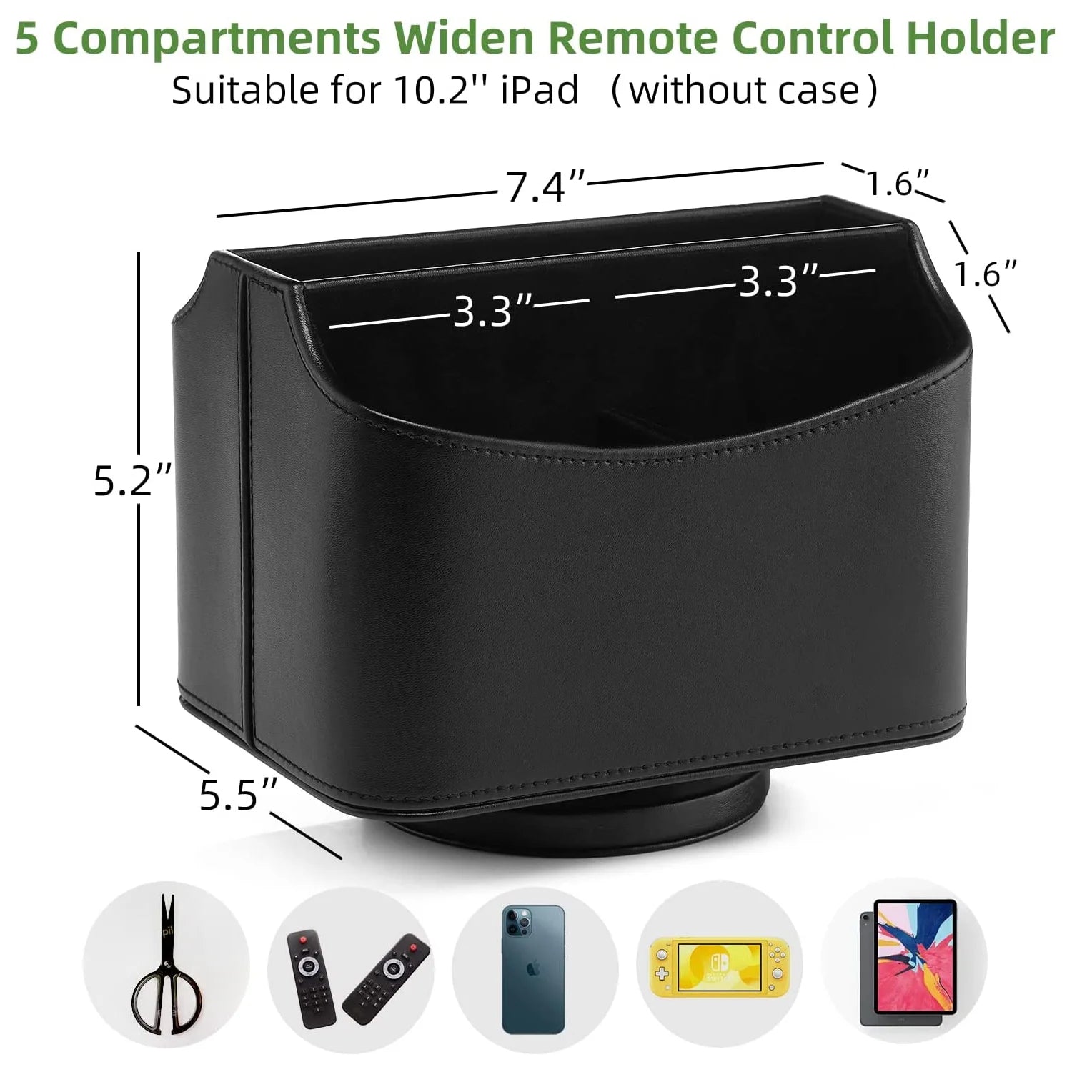 Remote Control Holder, 360 Degree Spinning, PU Leather Desk Organizer, 5 Compartments Storage (Classic Black)