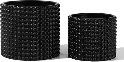 Black ceramic vintage style hobnail patterned planter pots, 6 and 5 inch containers with drainage plugs for indoor plants.