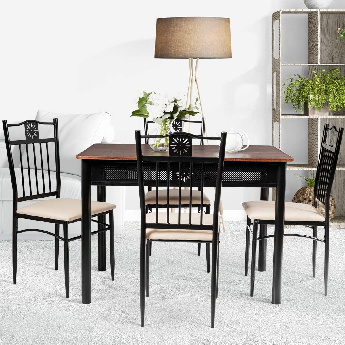 5 Piece Dining Table and Chairs Set Vintage Retro Wood Top Metal Frame Padded Seat Dining Table Set Home Kitchen Dining Room Furniture