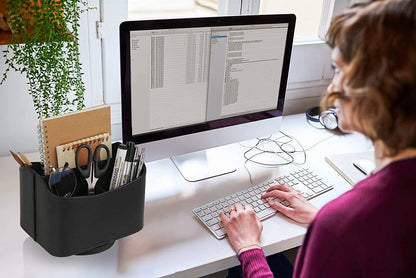 Remote Control Holder, 360 Degree Spinning, PU Leather Desk Organizer, 5 Compartments Storage (Classic Black)