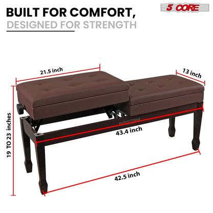 Wooden Adjustable Duet Piano Bench with Storage for Two