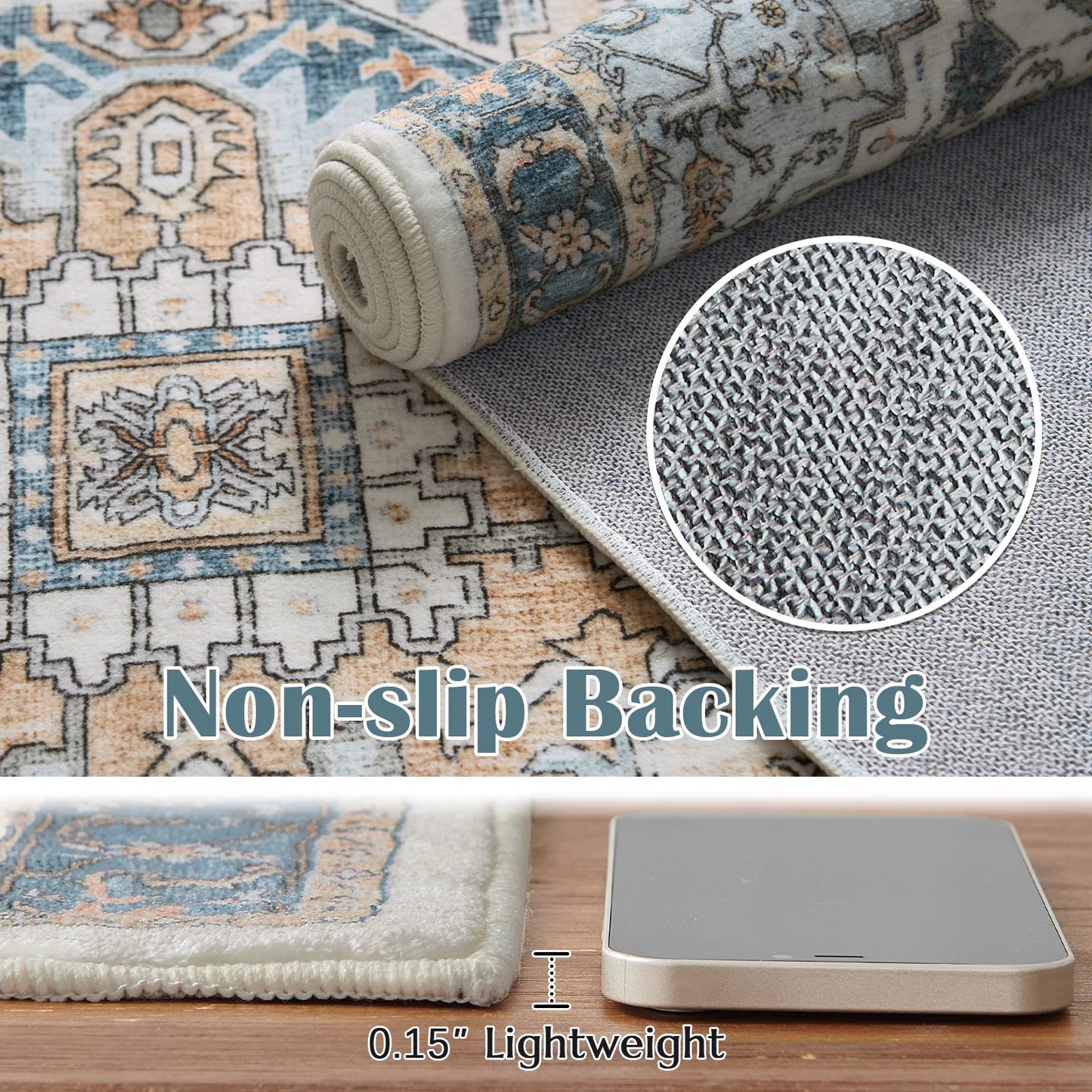 Area Rug 4X6 Blue Traditional Carpet, Oriental Medallion Pattern Non Slip Indoor Rug for Living Room Bedroom