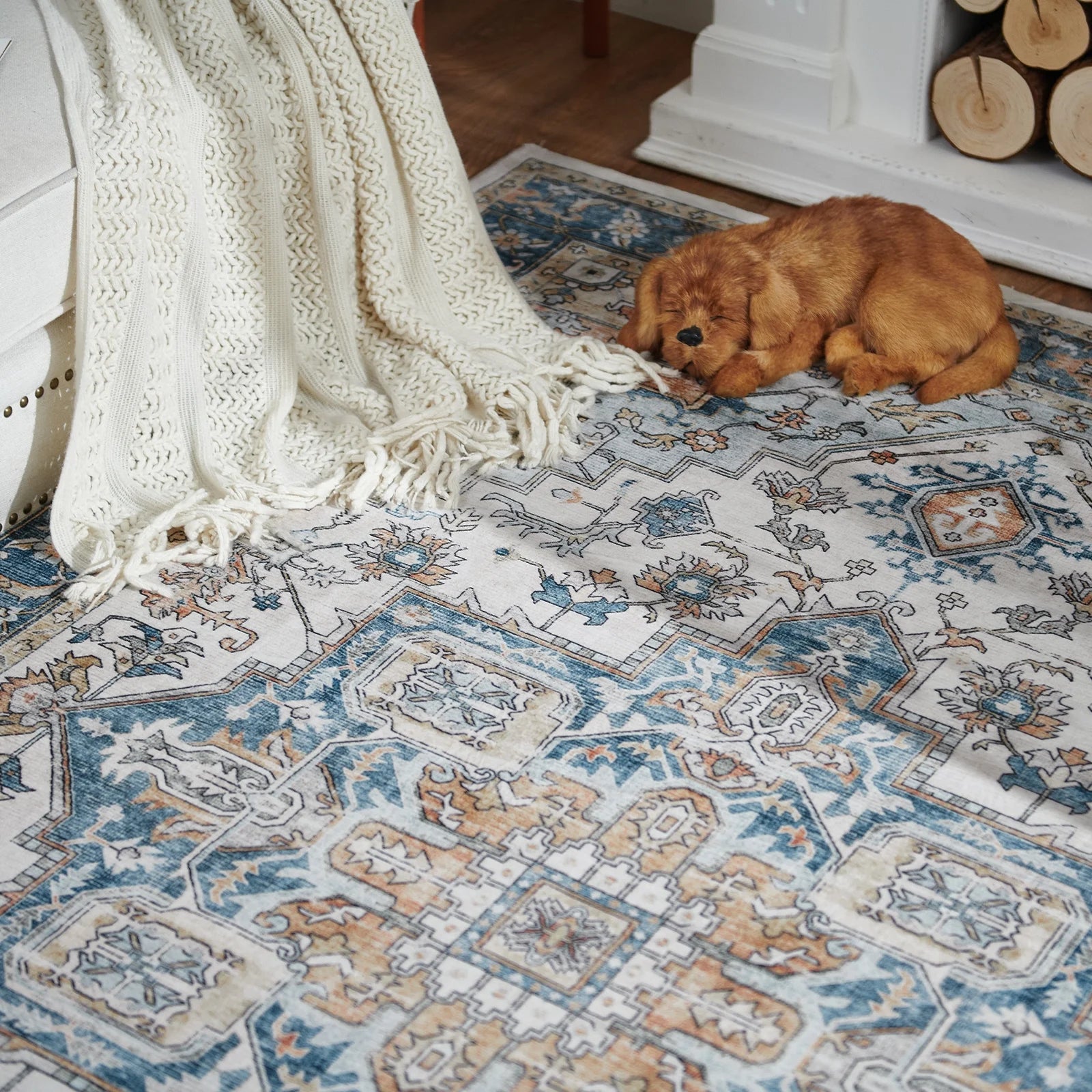 Area Rug 4X6 Blue Traditional Carpet, Oriental Medallion Pattern Non Slip Indoor Rug for Living Room Bedroom