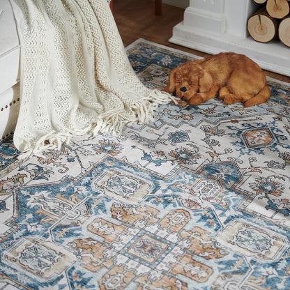 Area Rug 4X6 Blue Traditional Carpet, Oriental Medallion Pattern Non Slip Indoor Rug for Living Room Bedroom