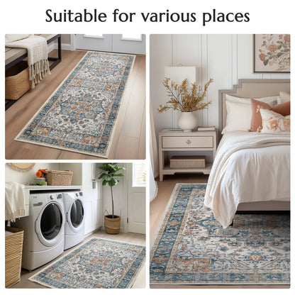 Area Rug 4X6 Blue Traditional Carpet, Oriental Medallion Pattern Non Slip Indoor Rug for Living Room Bedroom